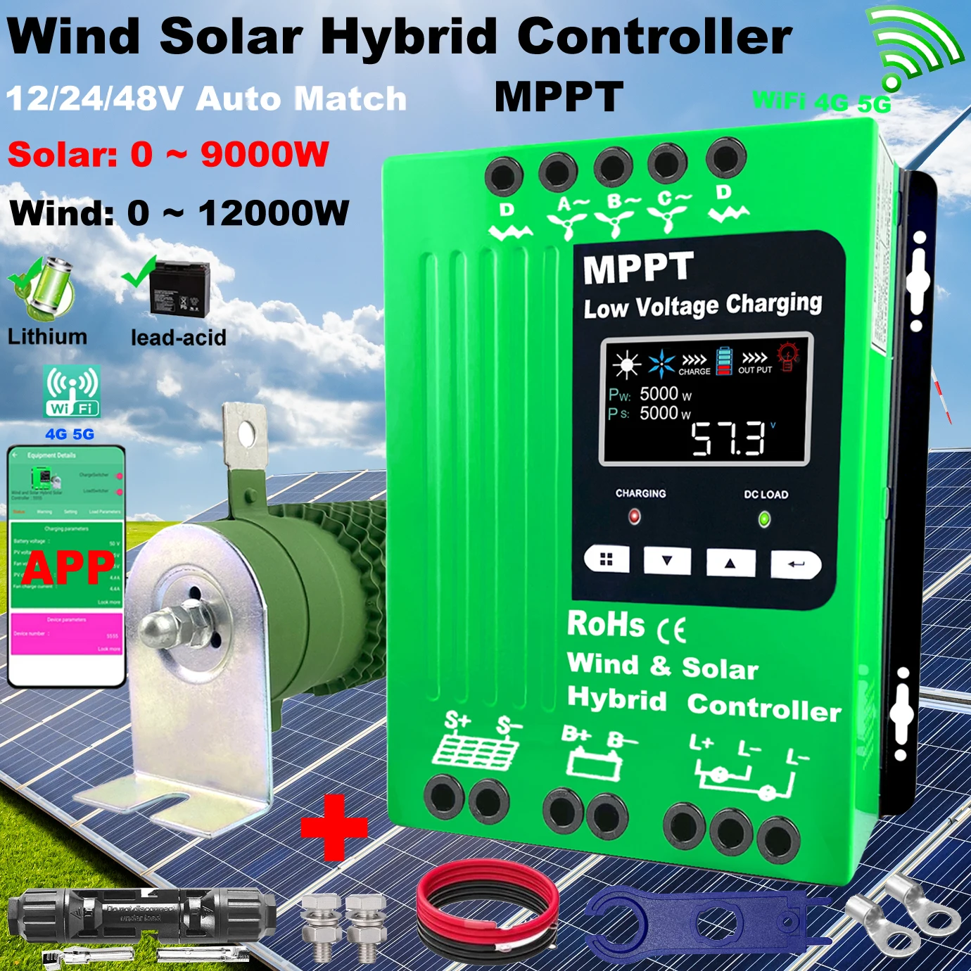 8000W 1000w MPPT Wind Solar Hybrid Controller Regulator Auto Match 12V 24V 48V Wind 5000W PV 600W Optional Bluetooth Android APP