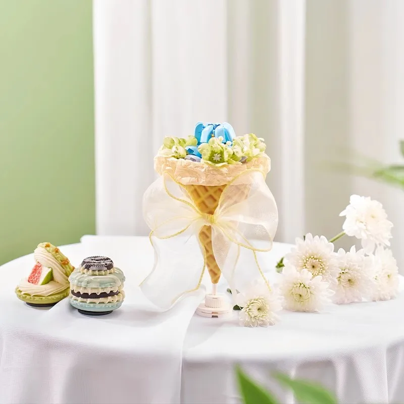 باقة مكعبات بناء حلوة من الزهور الأبدية مصنوعة يدويًا وحلي مجمعة يدويًا ألعاب عصرية نموذج هدية عيد ميلاد