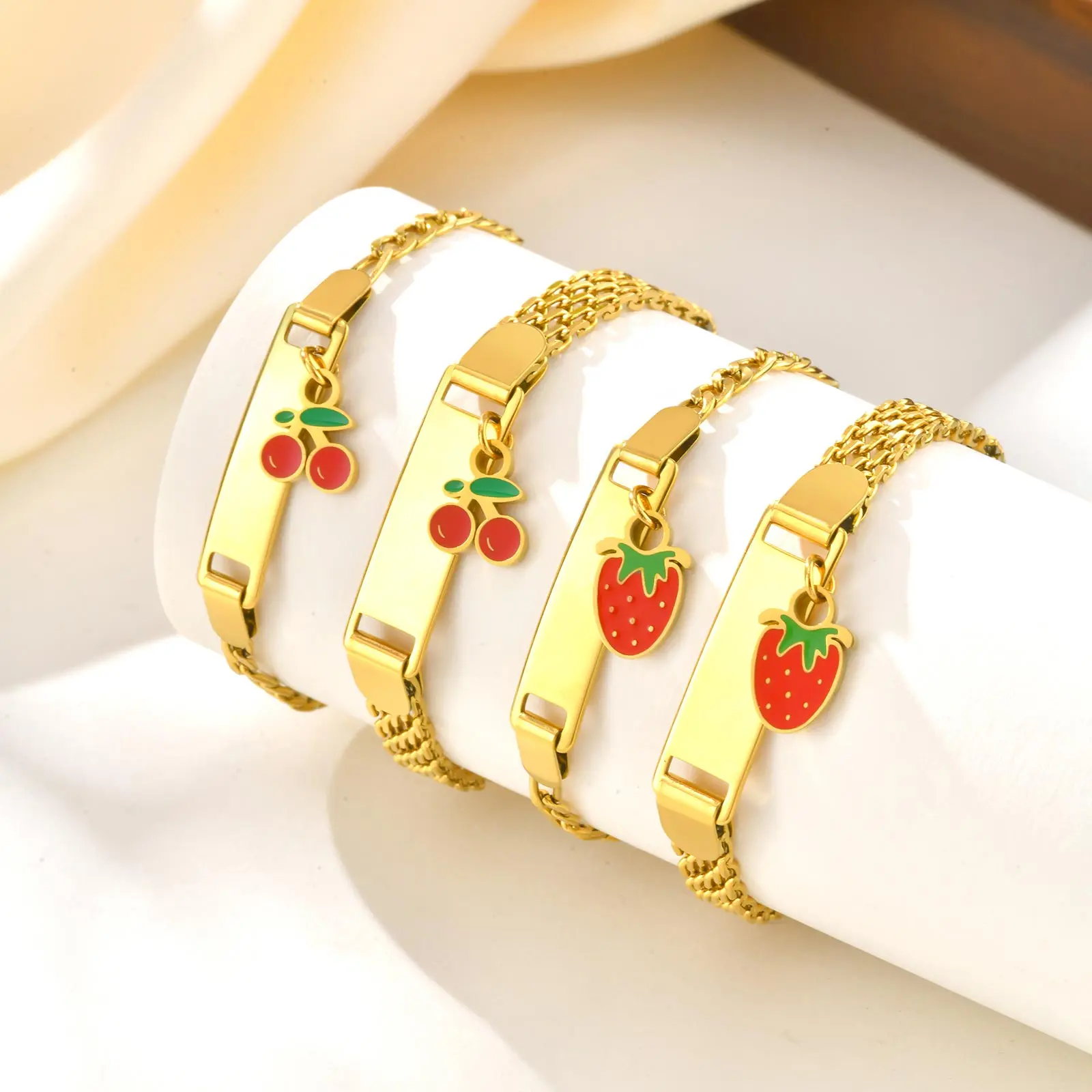 Personalized Customized Name Bracelet for Girl Boy Children, Strawberry Cherry Pendant Stainless Steel ID Bracelet for Kids