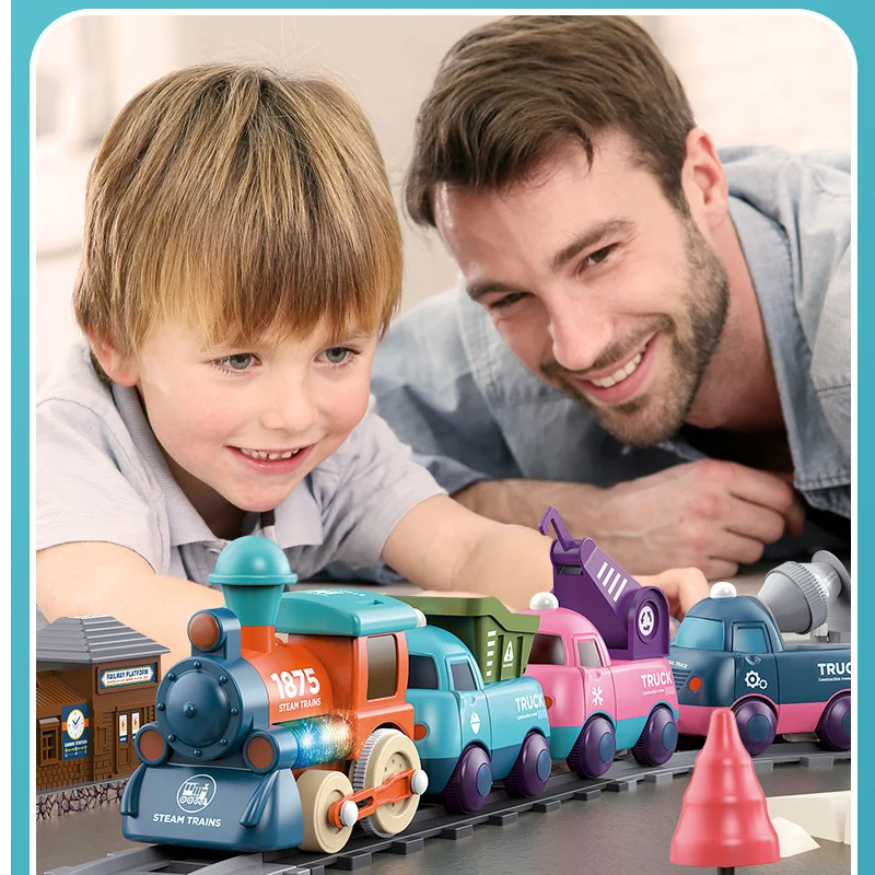Coche ferroviario Color macarrón tren de juguete para niños luz eléctrica proyecto de dibujos animados coche ferroviario interacción entre padres e hijos juguetes regalos