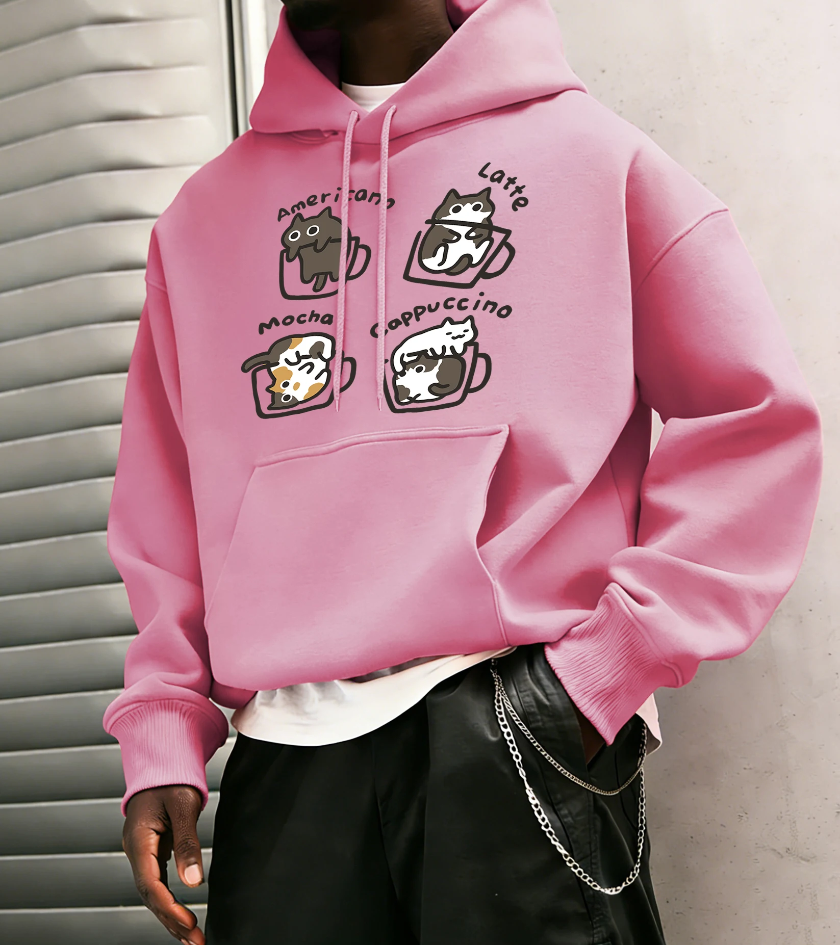 

Мужская базовая толстовка с капюшоном Cat Coffee Art Letter Design, уличная свободная толстовка, повседневная универсальная модная флисовая одежда с длинными рукавами