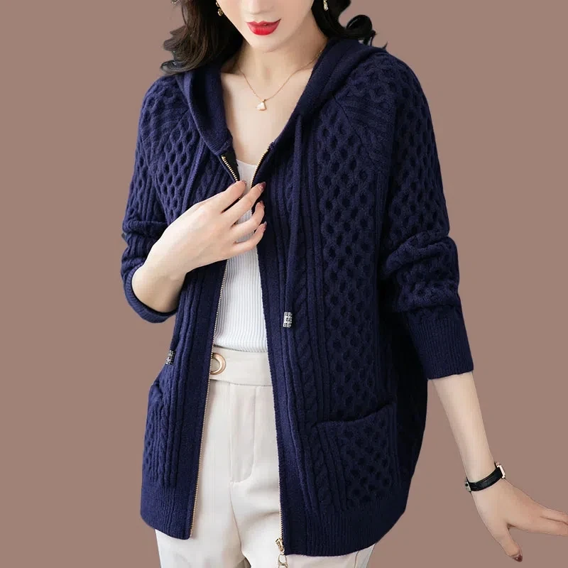 2023 New Spring Autumn Women Knitted Jacket Solid Color Thicken Hooded Cardigan Sweater Coat Casual Female Zipper Knit Cardigans