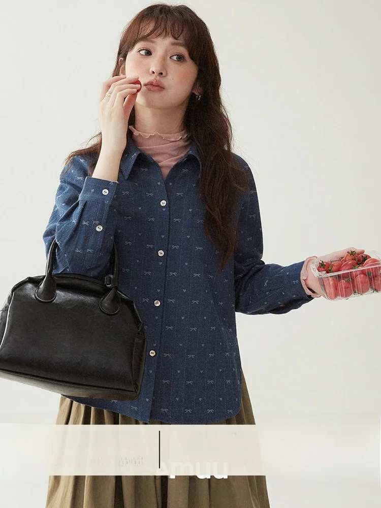 

AMUU Original Knot Embroidered Denim Fabric irt Women's Spring New Single Button Turn Collar Top Korean Sle Loo...
