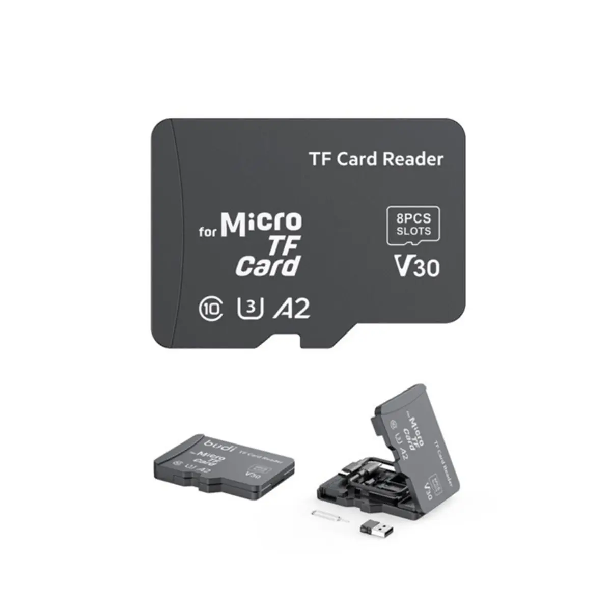 A10I TF Memory Card Reader with 8 Slots TF-Styled Memory Card Storage Case Supports USB Type-C and USB Compatible
