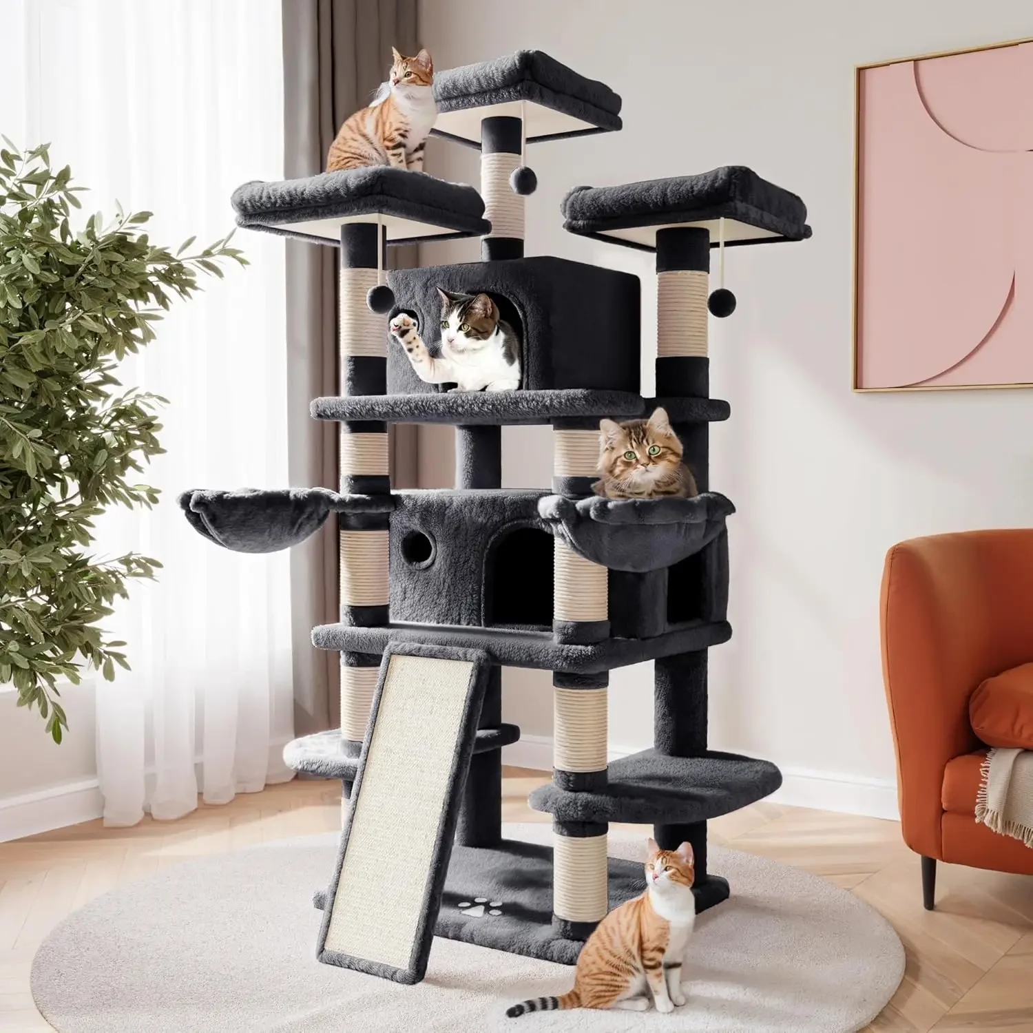 68 Inches Multi-Level Large Cat Tree for Large CatsCozy Plush Cat Perches