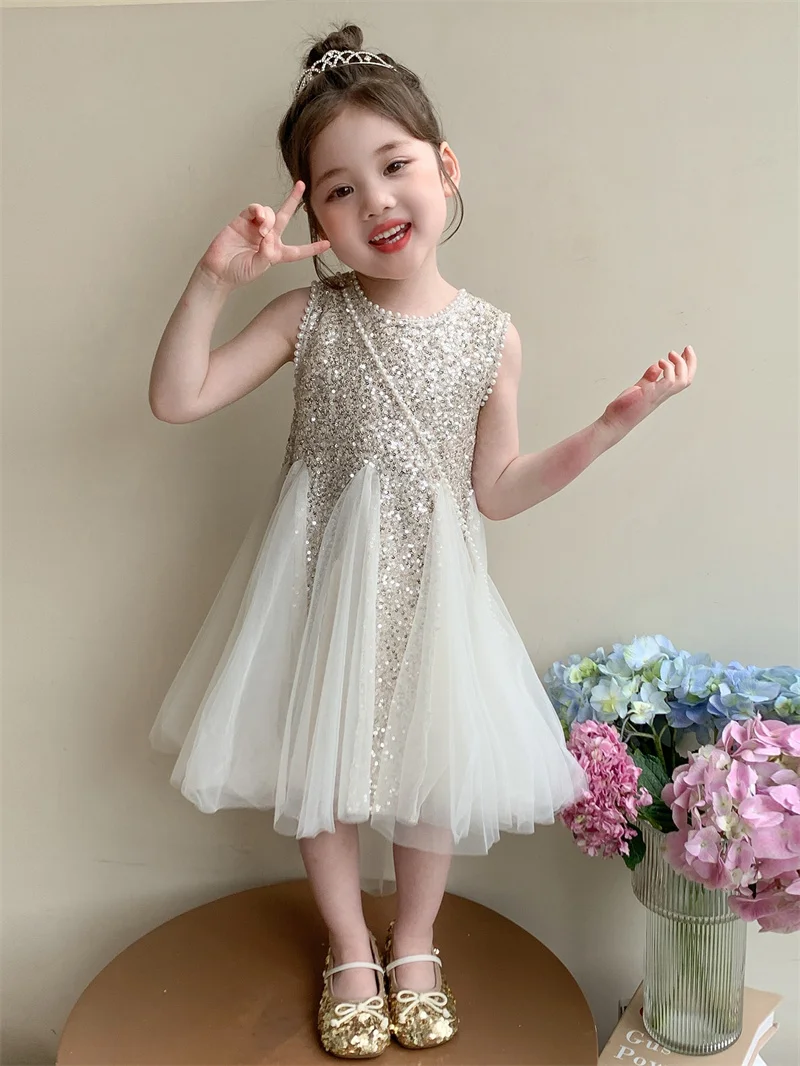 Baby Kids Sequined Tulle Pearls Flower Girl Dresses First Communion Dresses Birthday Christmas Gift Wedding Party Birthday