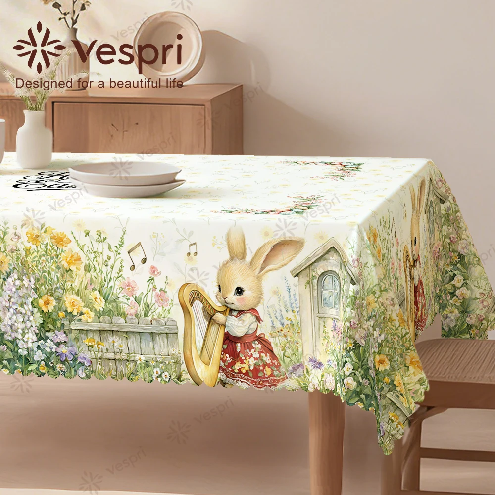 Vespri Oster-Tischdecke Rund Rechteckig Oval Grün Weiß Hase Blumenmuster Musiknoten Tischdecke für Party Festival