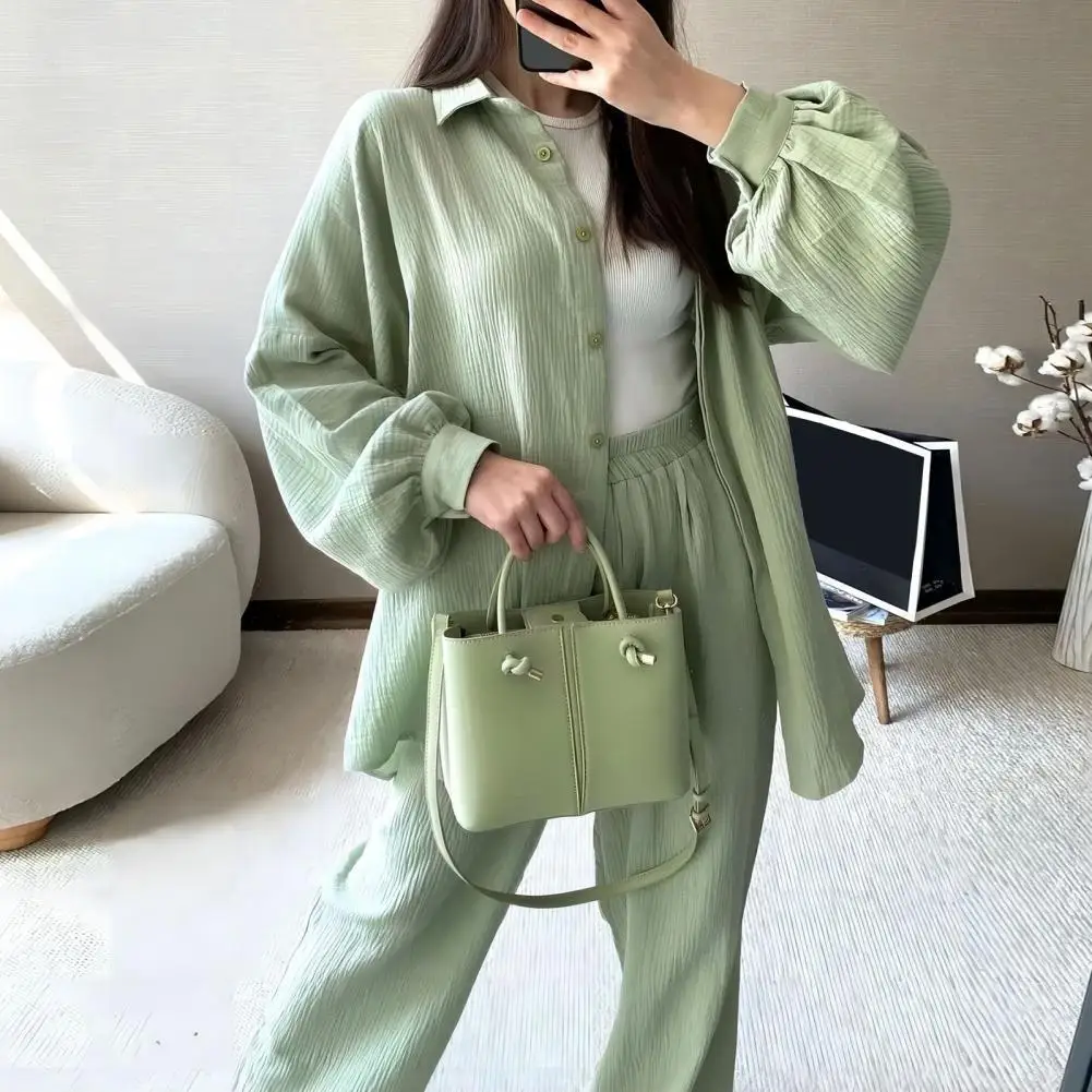 

Women Shirt Pants Set Stylish Women's Shirt Pants Set with Turn-down Collar Long Sleeves Elastic Waist Two-piece for Sporty