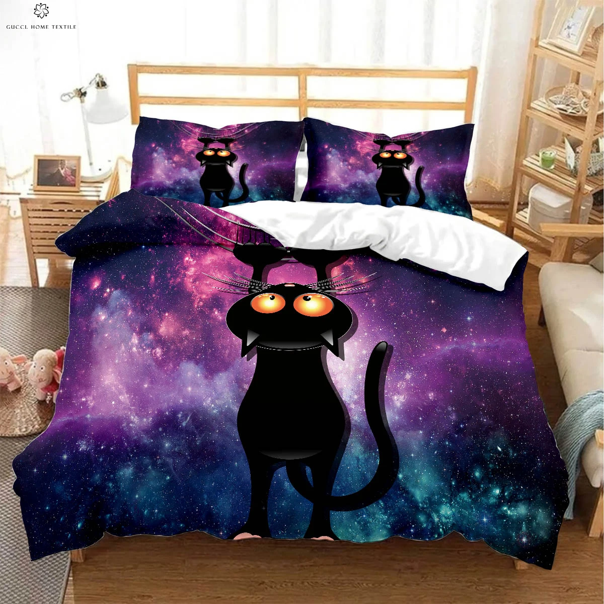 

Cats Under The Stars Cute Animal Print Quilt Cover Bedding Set Duvet Cover Pillowcase Three-piece Set Machine Washable