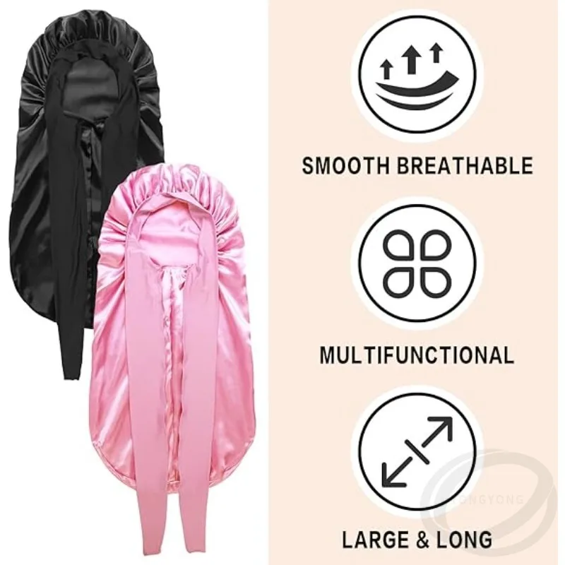 Дышащая шапочка для сна, тюрбан, головной убор для сна, банданы, женские длинные эластичные атласные шапочки большого размера с лентой