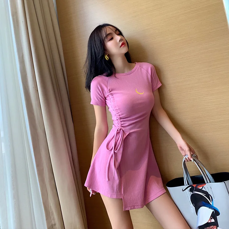 

Summer Fashion Trend Crescent Printed Women's Dress Hottie Beauty Short Sleeve Sexy Slim Waist Tight Appeal Drawstring Skirt