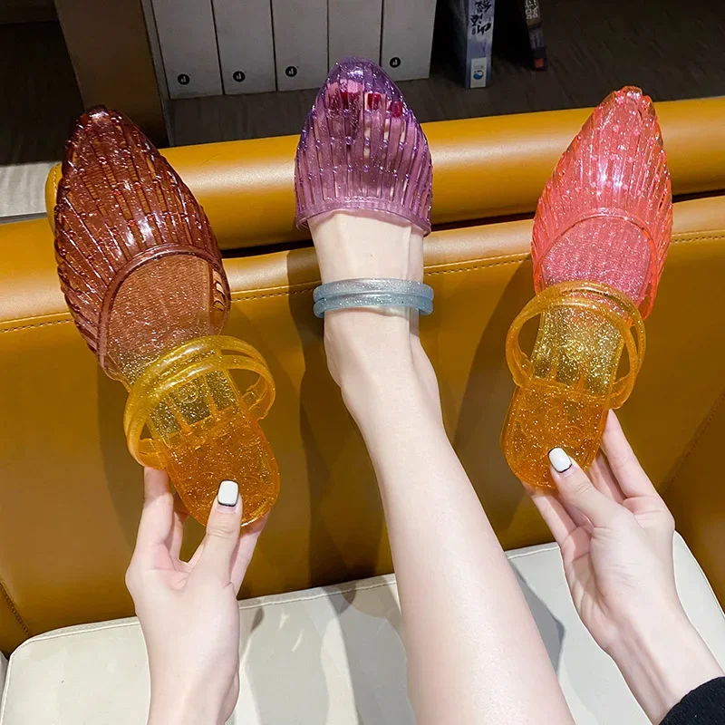 Summer New Women's Crystal Slippers Outer Wear Non-Slip Deodorous Jelly Slope Heel Bath Plastic Shoes Washable Sanitary Shoes