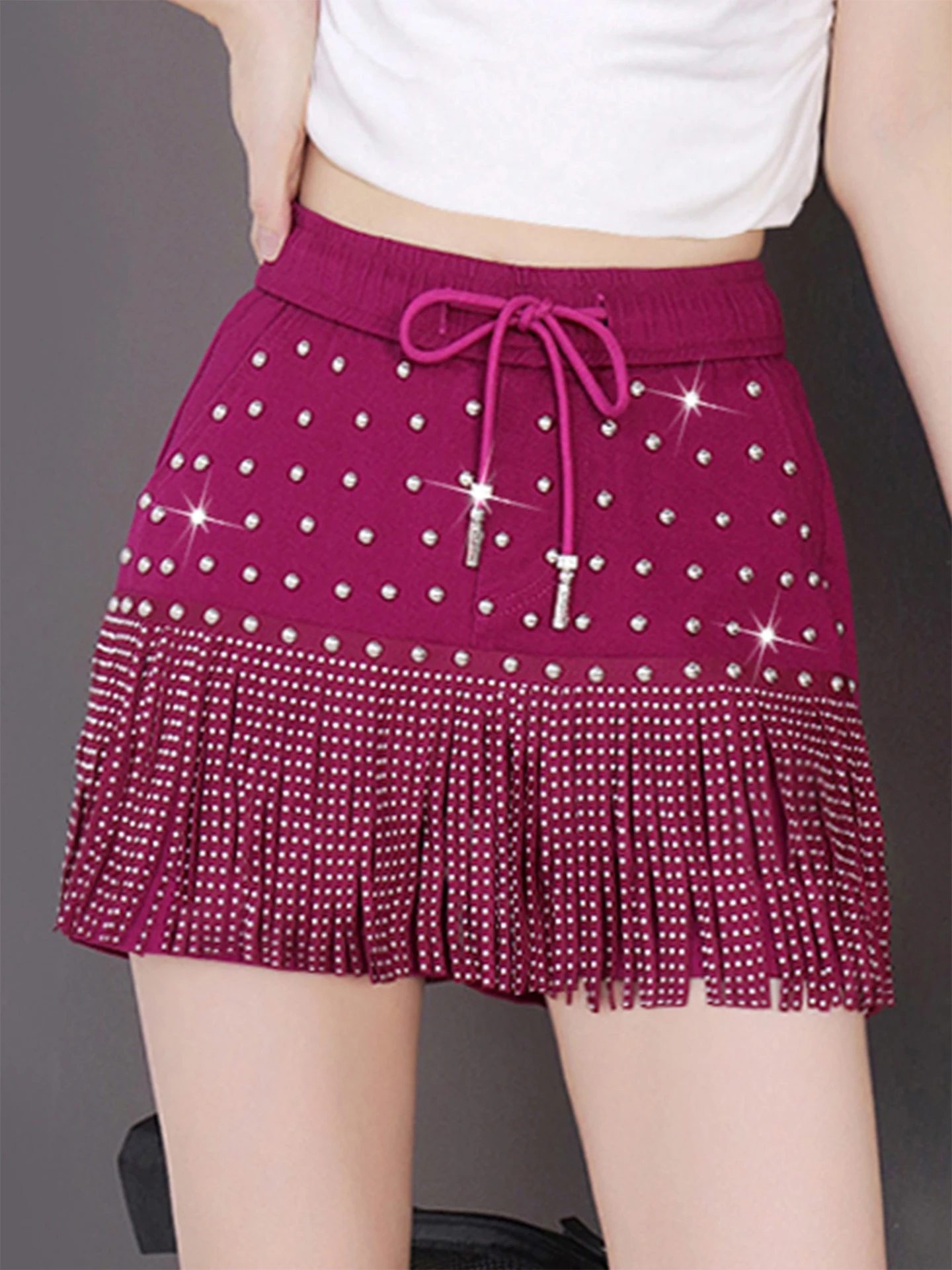 High Waist Rivet Shorts Women's Elastic Waist New Style Korean Fashion American Hot Girl Dance Skirt Pants Outdoor Wear
