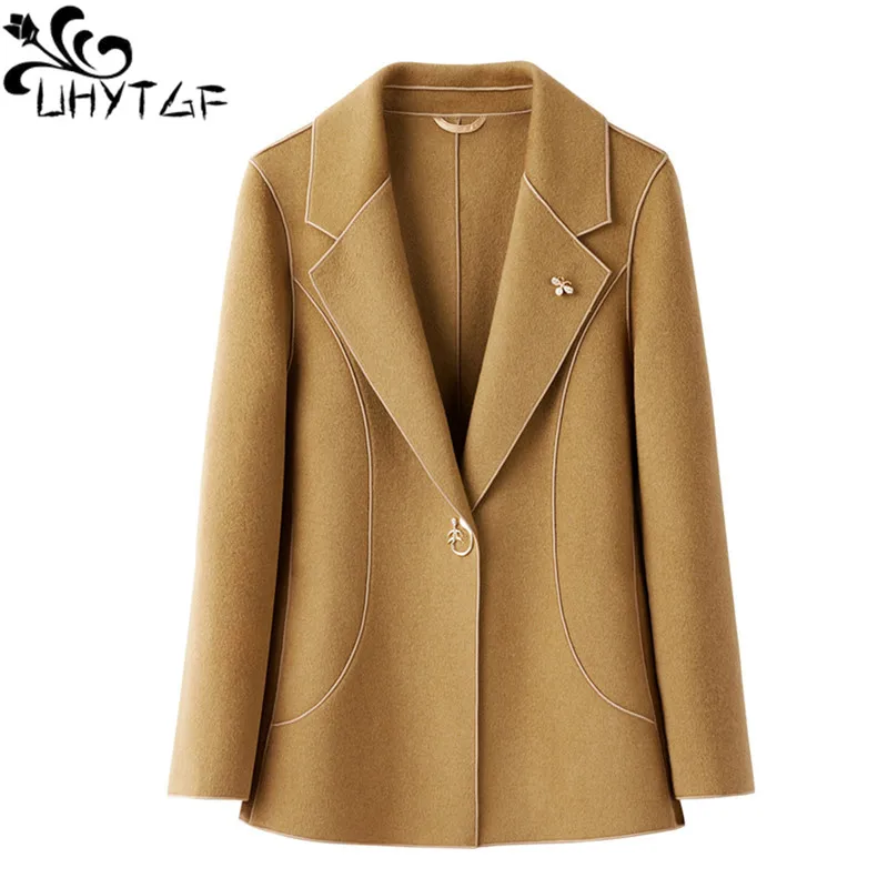 

UHYTGF Quality Double-Sided Cashmere Coat For Women Middle-Aged Mother Spring Autumn Wool Jacket Female Manteau Femme Hiver 2365