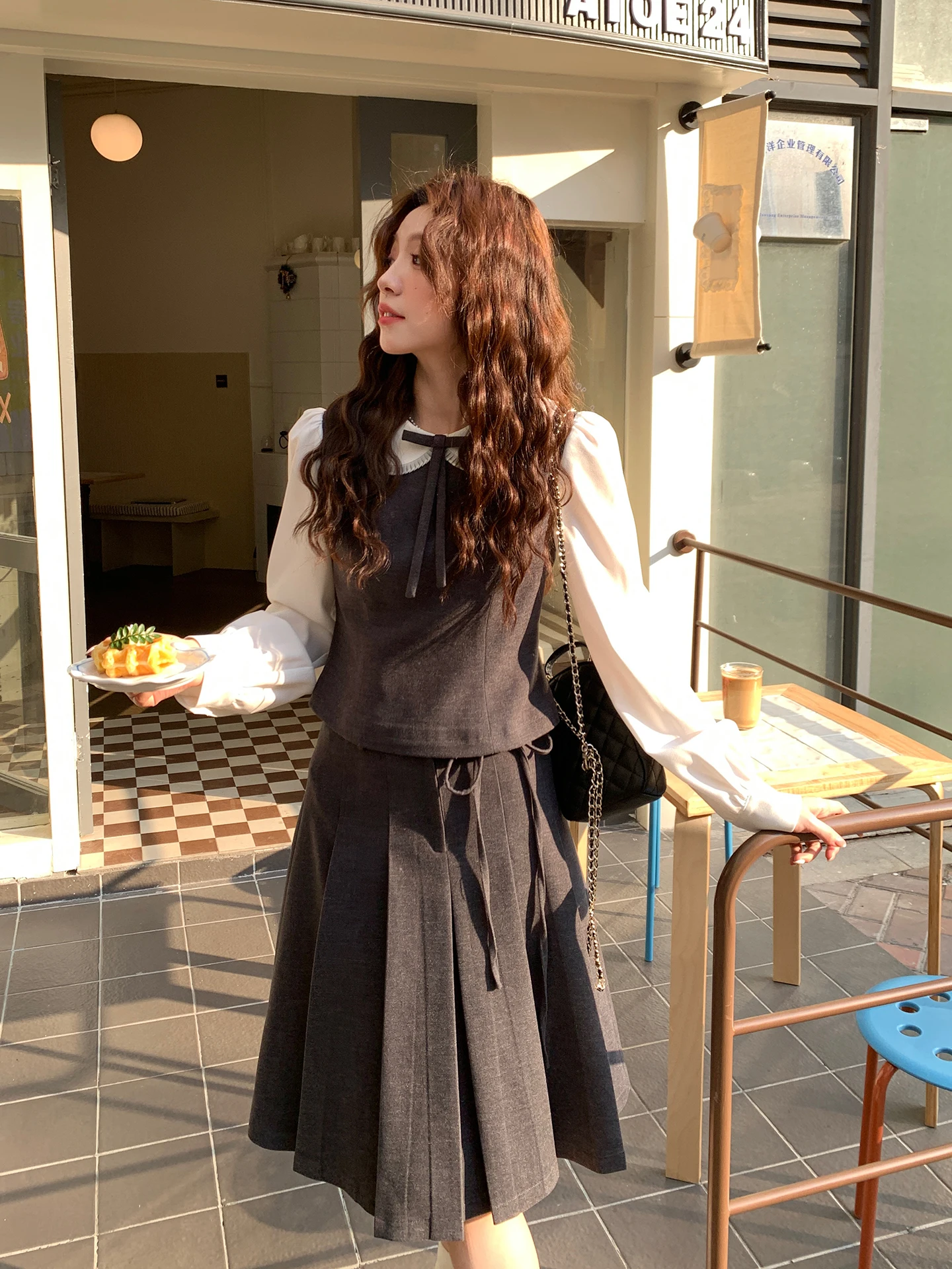 

Even-wen Korean High nce Sensation Set Top f Skirt Winter Two-Piece Suit Long Sve Zipper Polyester Blend