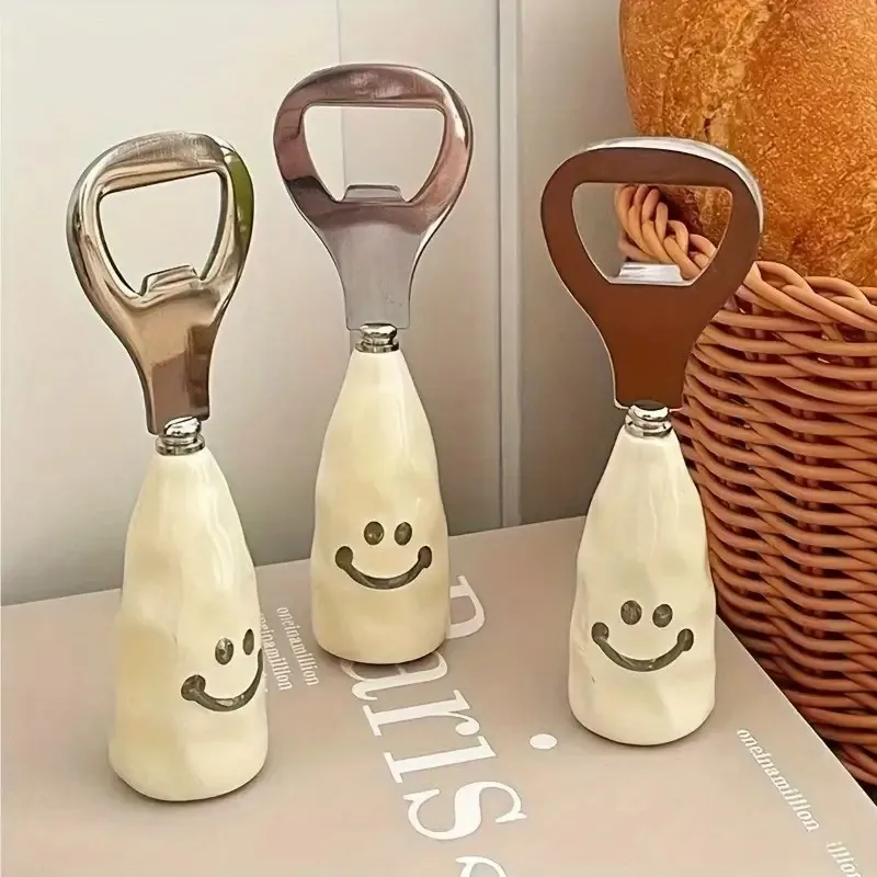 

Opener with Cute smiling face beer plastic handle resembling ceramic handle, can stand bottle opener, creative stainless steel