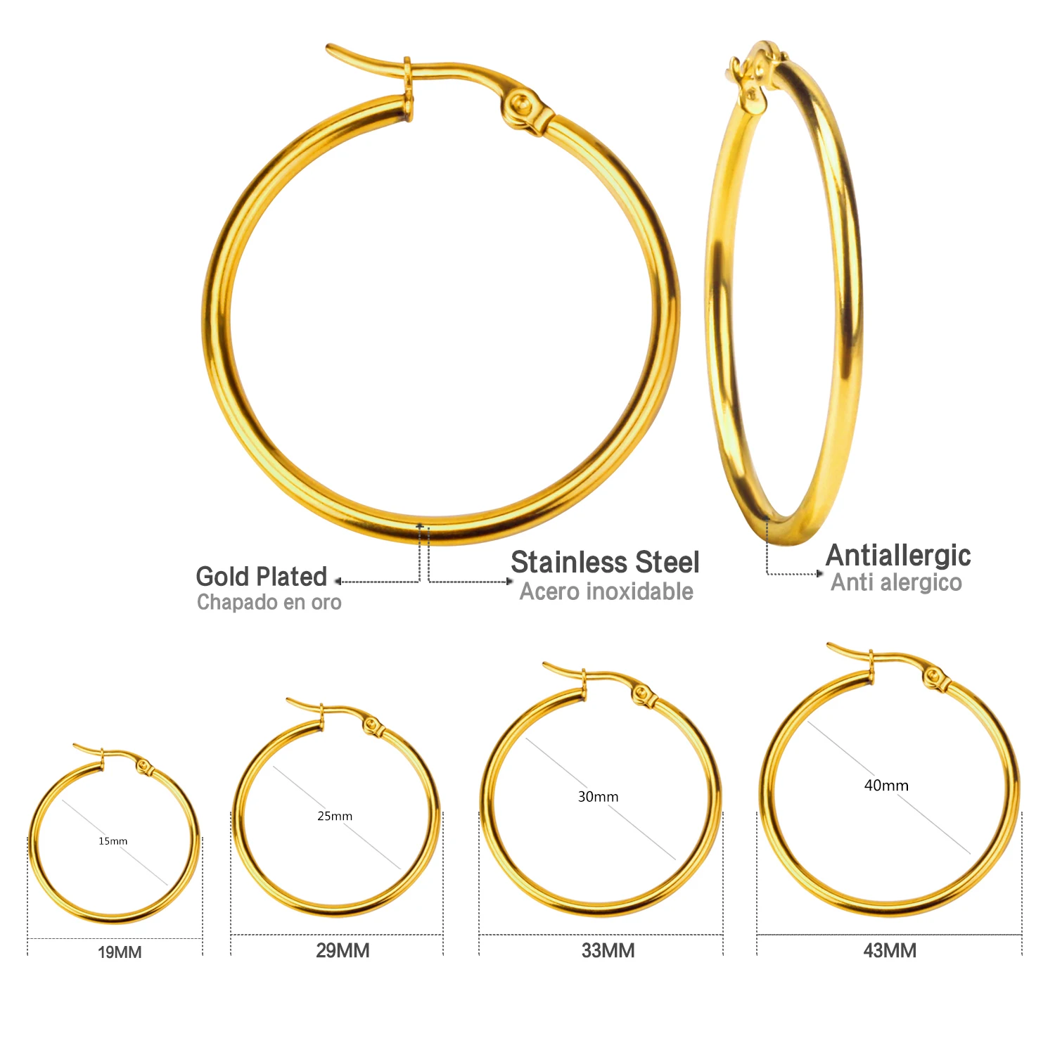 LUXUSTEEL 10-70mm 1 Pair Women Men Hoop Earrings Stainless Steel Golden/Silver Color Round Small Big Circle Huggies Punk Jewelry