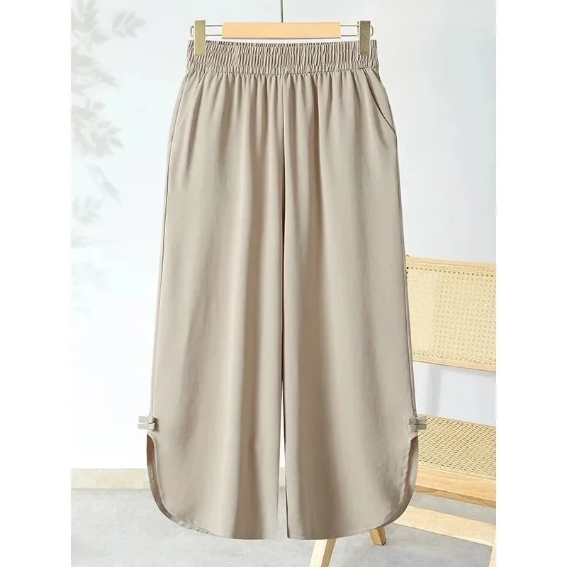 Summer Female High Waist Casual Pants Ladies High End Solid Color Loose Slit Pantalons Spring Women Ice Silk Wide Leg Trousers