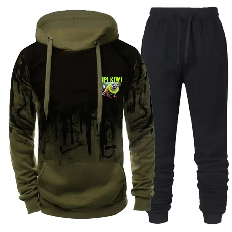 سويت شيرت رجالي بغطاء للرأس أسود ورمادي مطبوع عليه شعار Pipi Kiwi طقم ملابس غير رسمية للنزهات اليومية والأنشطة الترفيهية #5