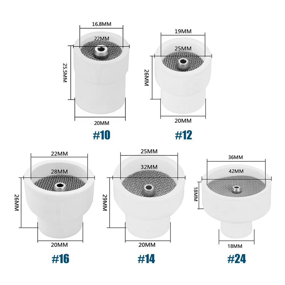 8 piezas # 10 # 12 # 14 # 16 # 24 boquillas de cerámica blanca, tazas de alúmina, pinzas rechonchas, juegos de lentes de Gas para el cuerpo, Kit de antorchas WP17/18/26, soldadura TIG