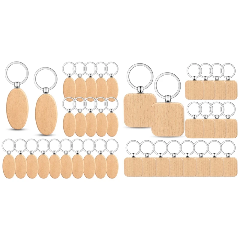 100PCS Wooden Keychain Blanks Wood Key Chain Bulk Unfinished Wooden Engraving Key Tag Ring For DIY Gift Crafts