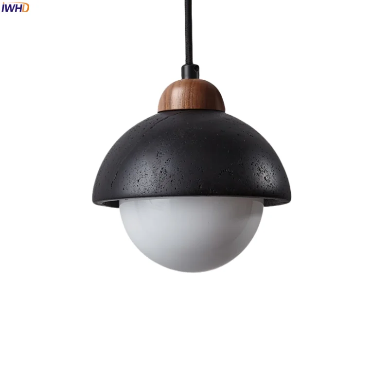 

IWHD Glass Ball LED Pendant Lights Kitchen Island Bedroom House Black Travertine Japan Wabi Sabi Hanging Lamp Lighting Luminaria