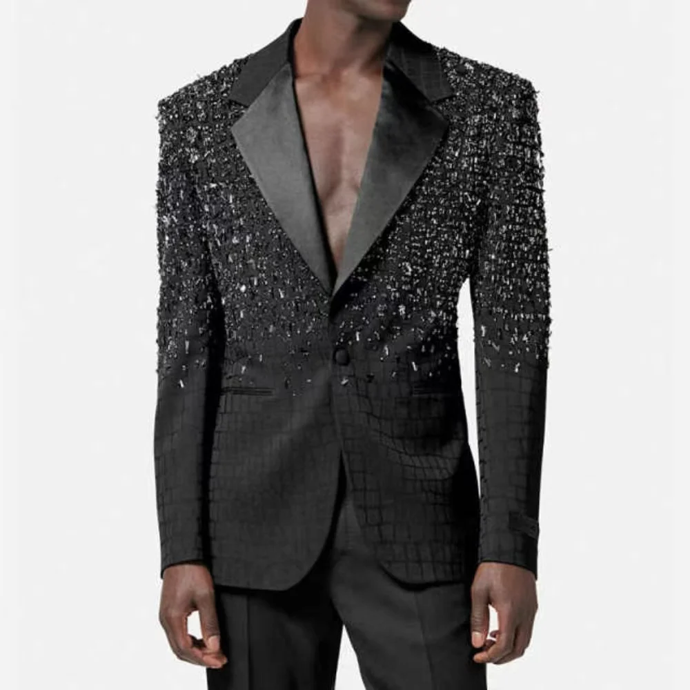 Black Printed Men Suits 2 Piece Stone Blazer+Pants Wedding Tuxedo Crystal Coat Customized Formal Office Business Jacket Trousers