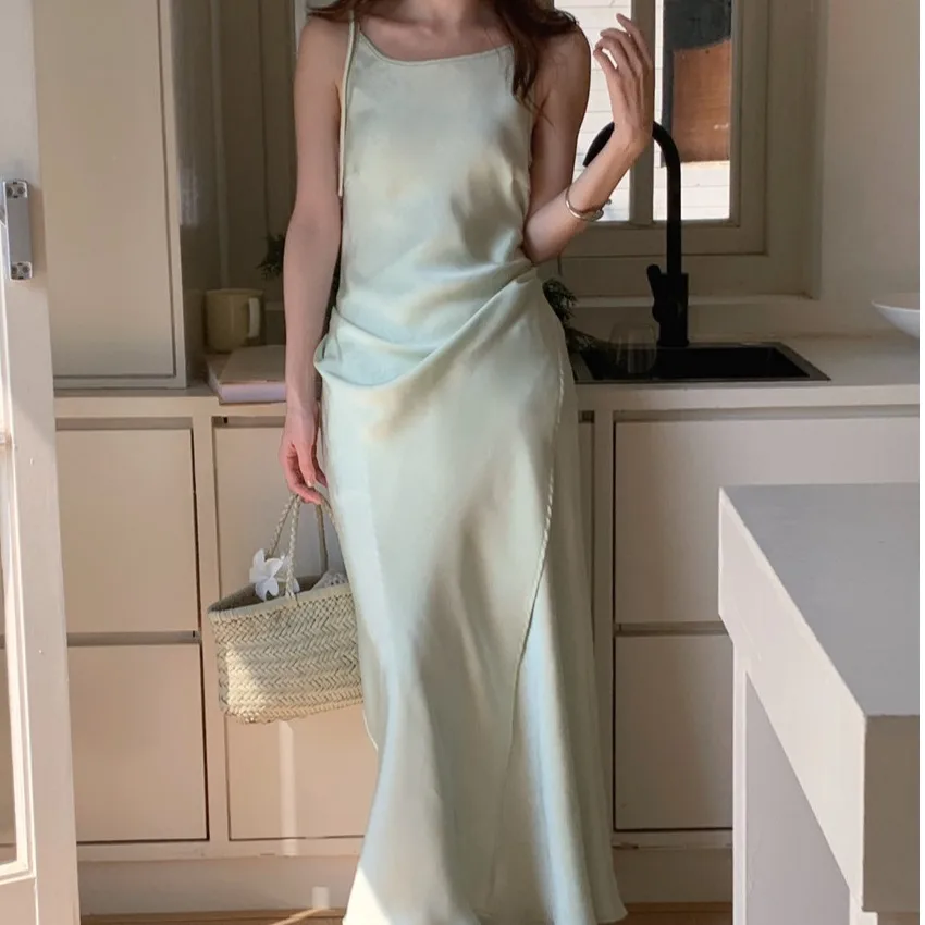 Été soie Satin enveloppement taille Strapl Dr femmes Faion Ele jupe plissée évider Ne longue robe t-shirt couleurs