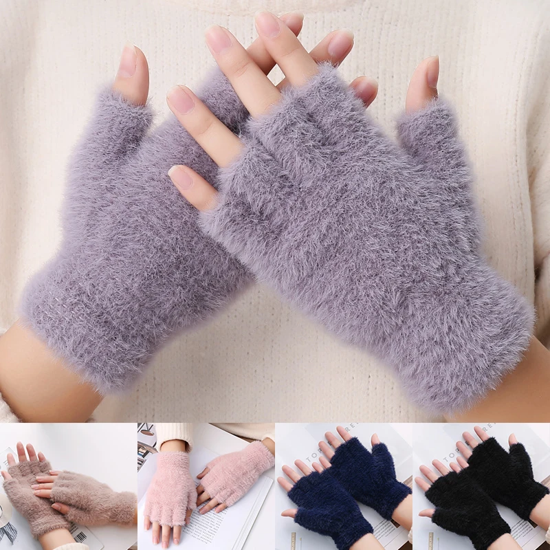 

Plush Gloves Autumn and Winter Half Finger Gloves For Men Women Thickened Warm Mittens Imitation Mink Velvet Gloves Whole Sale