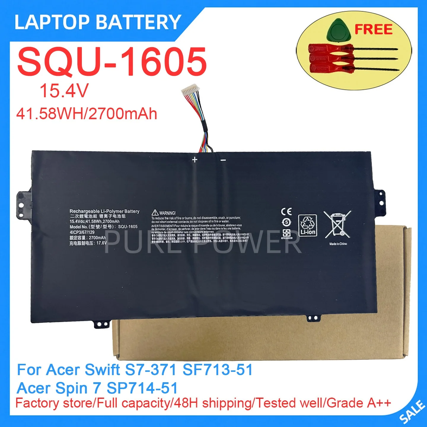 New Laptop Battery SQU-1605 15.4V 41.58WH 2700mAh High Quality For Acer Swift S7-371 SF713-51 Acer Spin 7 SP714-51