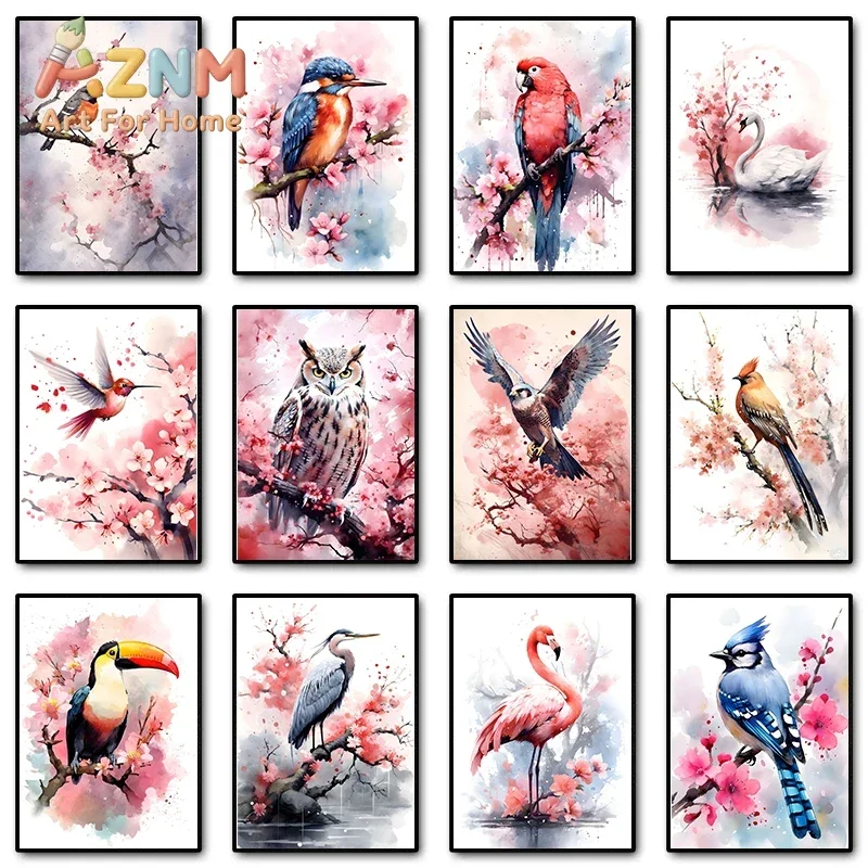 Bird Watercolor Poster Blue Jay in Cherry Blossom Toucan Owl Peacock Canvas Painting Wall Art Picture Living Room Home Decor
