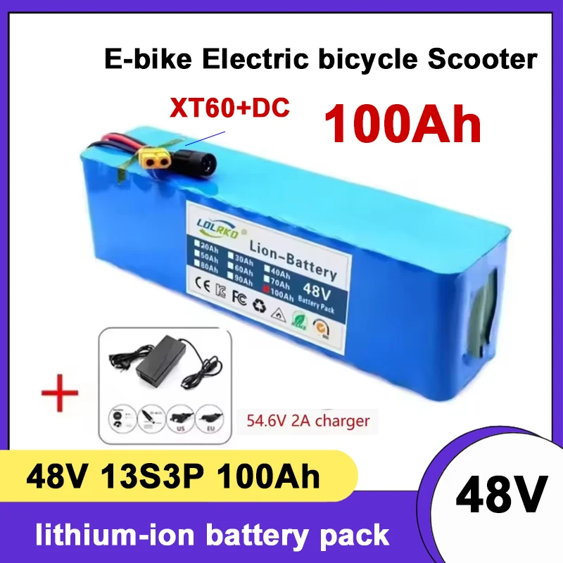 2026 New 48V 100Ah 2000W 13S3P XT60/DC Lithium Ion Battery Pack Suitable for 48V motors with BMS+54.6V Charger
