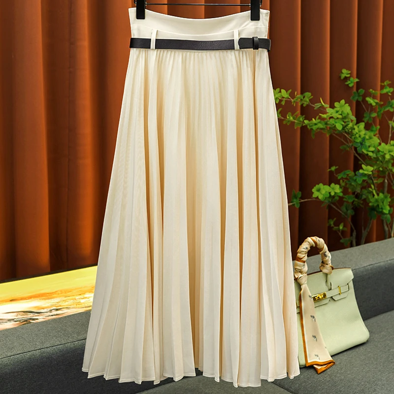 

GGHK 2023 Fall New Women's A-line Semi-skirt High-waisted Organ Pleat Korean Version of The Fashion Wild Semi-skirt with Belt