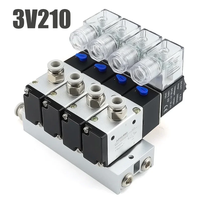 220V 24V Multi Option 3V210-08 Pneumatic Solenoid Valve Block With Muffler Fitting Base Manifold 2/3/4/5/6 Row 3 Port