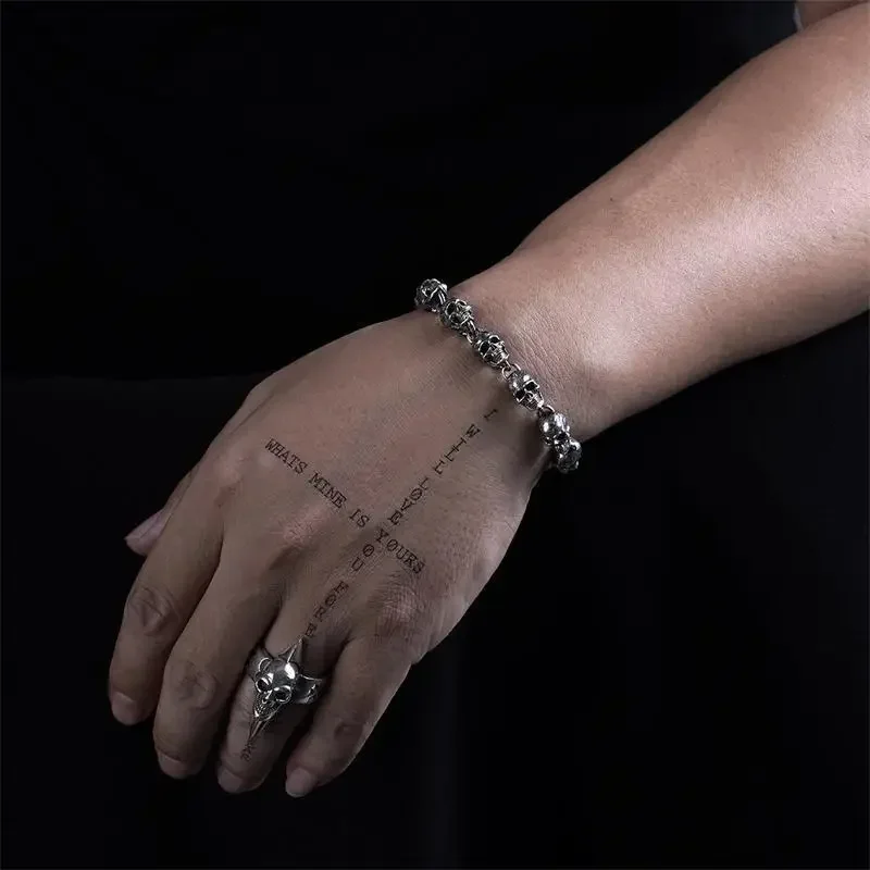 

Fashion American Garber Style Skull Bracelet For Boys Old 925 Sterling Silver Vintage Punk Headwear Birthday Gift Ins Men's Gift