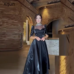 Xijun Luxury A-Line Short Prom Dresses Half Sleeves Sweetheart Evening Dresses Saudi Arabric Black Prom Gowns Pearls Party Dress