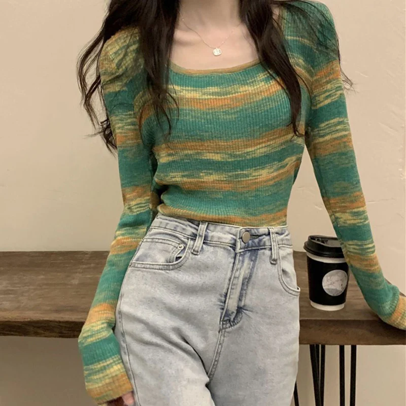 

Mix Color Striped Knitted Pullovers Women Slimming Long Sleeve T-Shirts Woman Spring Autumn Square Collar Sweater Ladies