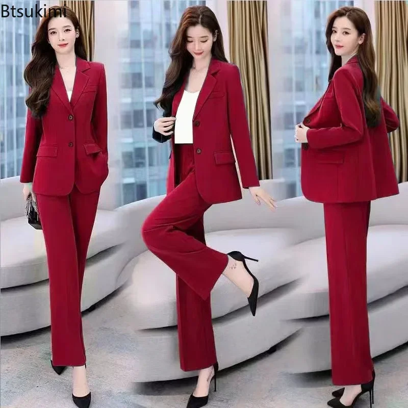 2024 Women's Formal Office Pants Sets 2PCS Solid Single Breasted Pocket Blazer Jacket and Pants Sets Elegant Ladies' Suit Sets