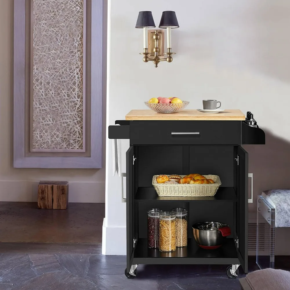 Kitchen Island, Wheels with Storage Cabinet and Drawer, Kitchen Trolley Cart with Spice Rack and Towel Bar for Dining Room