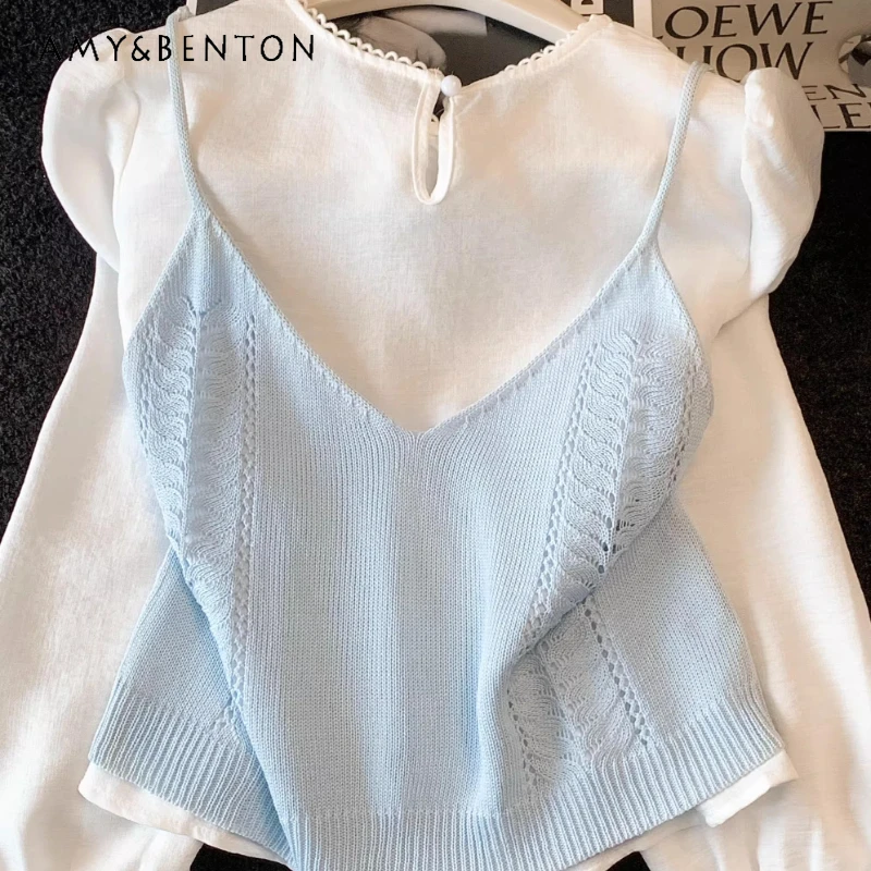 

French Gentle Wind Design Knitted Sling Shirt Women's Two-piece Set 2026 Spring New Sweet Cute Versatile Stacked Top Sets Ladies
