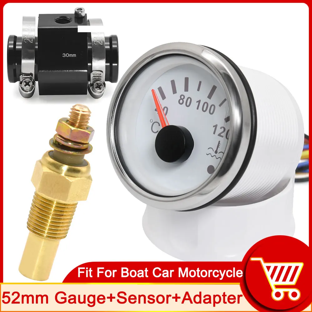 52MM Water Temp Gauge Red Light Car Meter with Water Temperature Sensor NPT 1/8 Boat Car Snowmobile Temperature Sensor Adapter