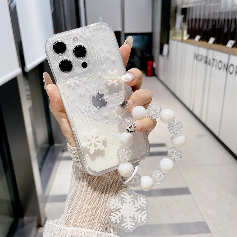 Winter White Snowflake Phone Case For iPhone Case 16 15 14 Plus 13 12 11 Pro Max XR XS quicksand clear Cover With Bracelet