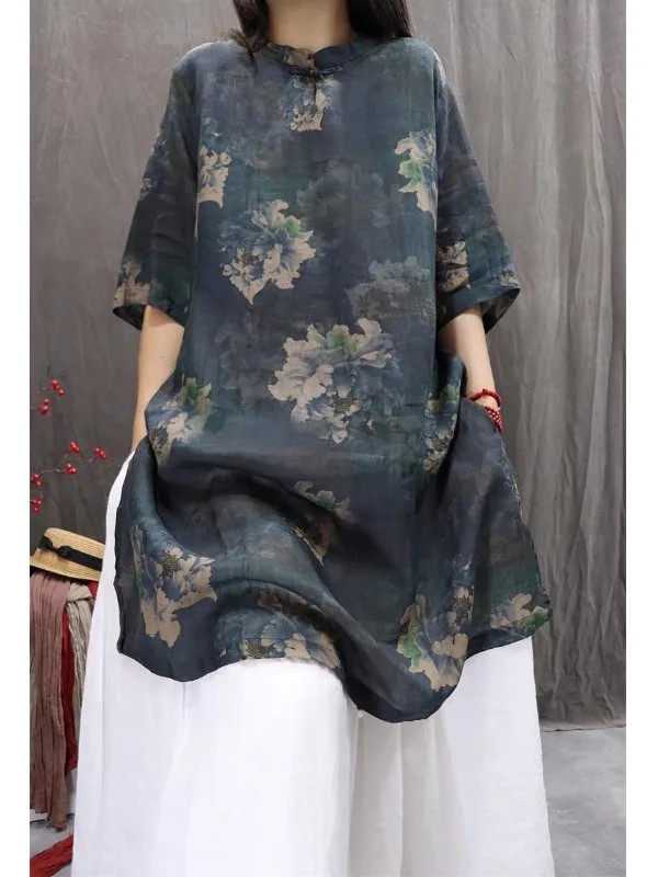 

Легкая дышащая блузка с принтом, женская миди irt, винтажная китайская круглая блузка Ne Seven Sve, женская модная летняя...