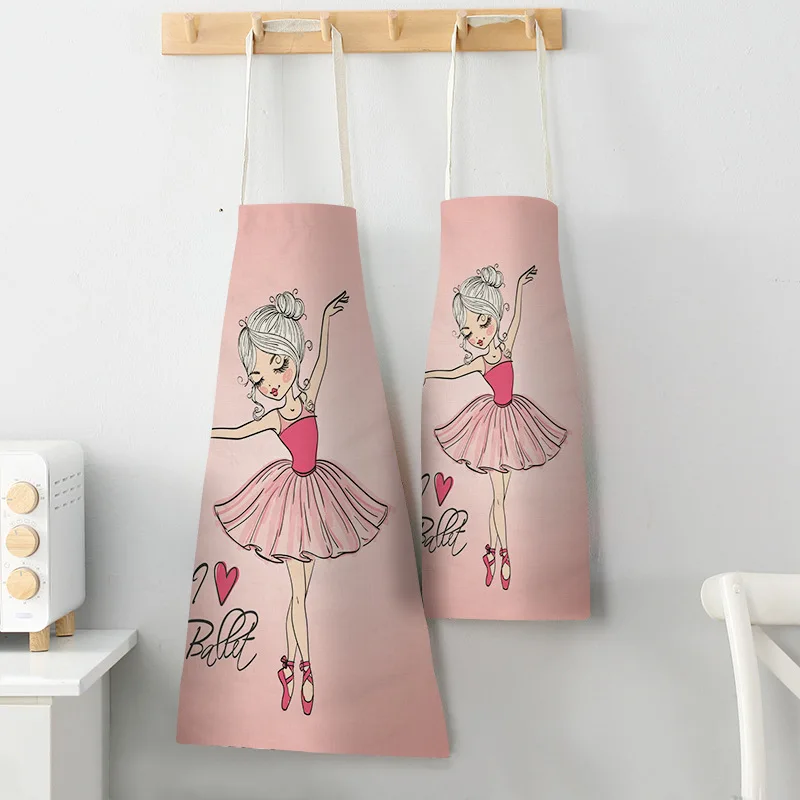 Cute Pink Girl Cotton Linen Sleeveless Apron Printed Kitchen Aprons Women Home Cooking Baking Waist Bib Pinafore 55x68cm