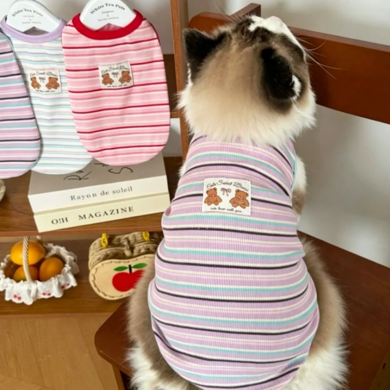 Chaleco a rayas para perro y gato – Vestido verano ligero con oso - imagen 5