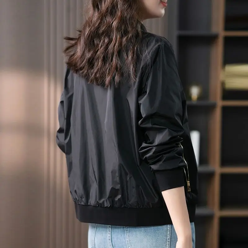 Baseball Aviator Coat Woman Zip-up Black Spring Autumn Plain Bomber Jacket for Women 2025 Trend Fashion High Quality Long Sleeve