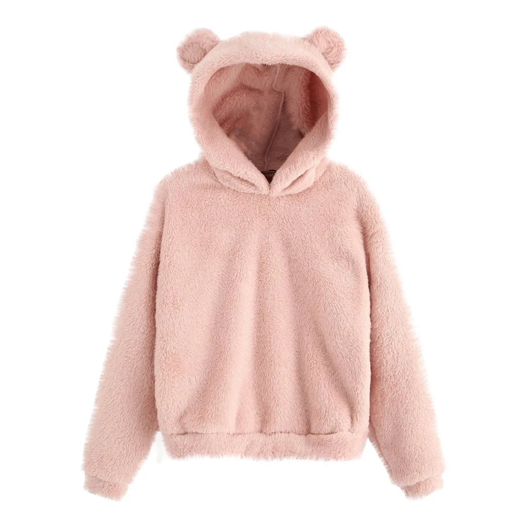 Kawaii Anime Harajuku Hoodies Long Sleeve Fleece Sweatshirt Warm Bear Shape Fuzzy Coat Pullover With Pocket Pull Woman Clothing