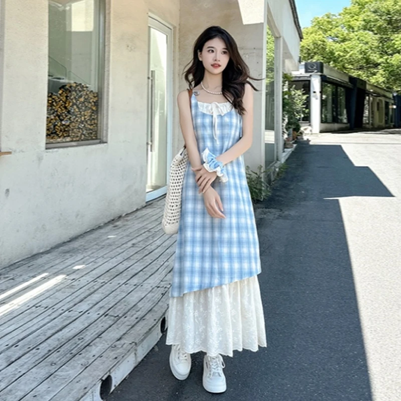 Vestido de tirantes de dos piezas a cuadros para mujer, vestido largo suelto Retro, Verano