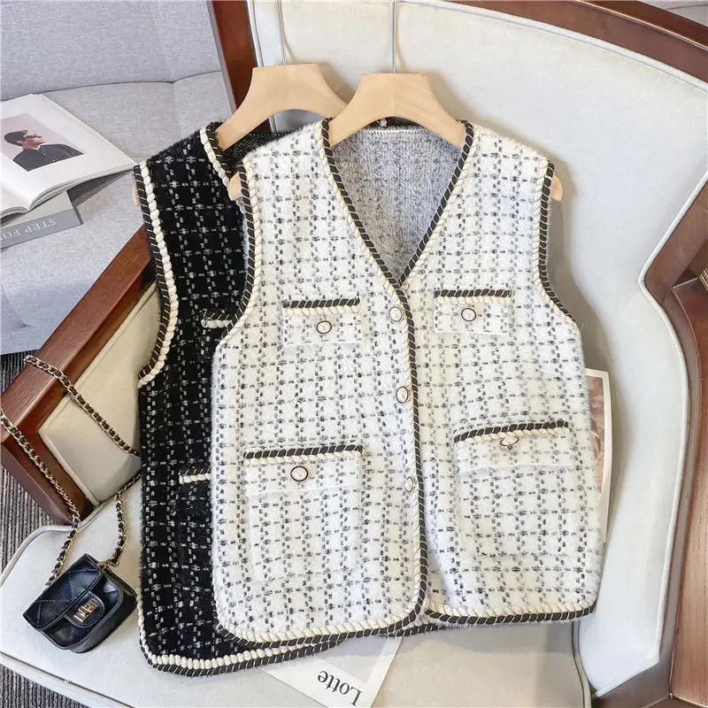 

Autumn Vests Women V-neck Cozy Vintage Trendy Single Breasted Korean Style Temperament Simple Sleeveless Coats All-match Retro