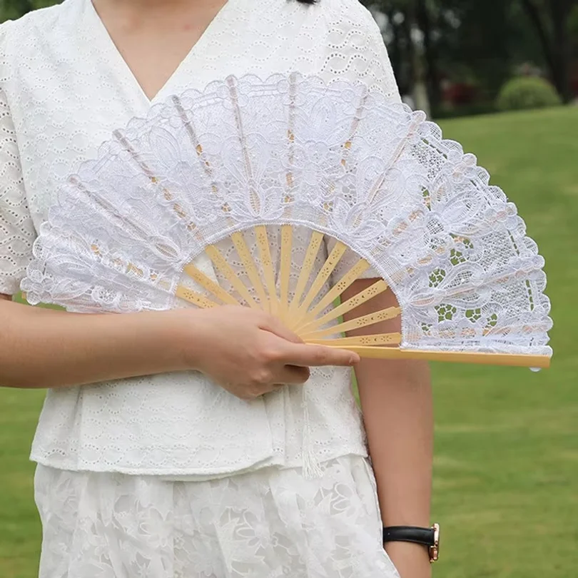 Lace Folding Fan with Tassel Hollow Ribs Elegant Vintage Style Trim Handheld Fan with TasselPendant for Wedding Party Home Decor